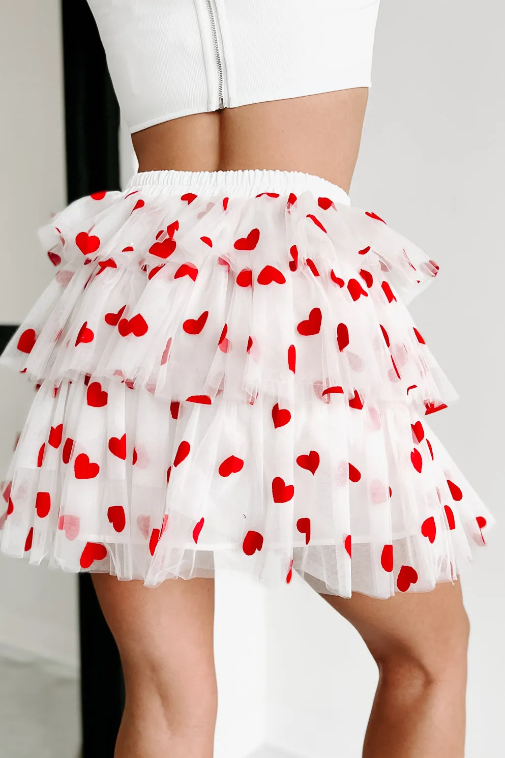 All Heart Tiered Heart Print Mini Skirt (White/Red)