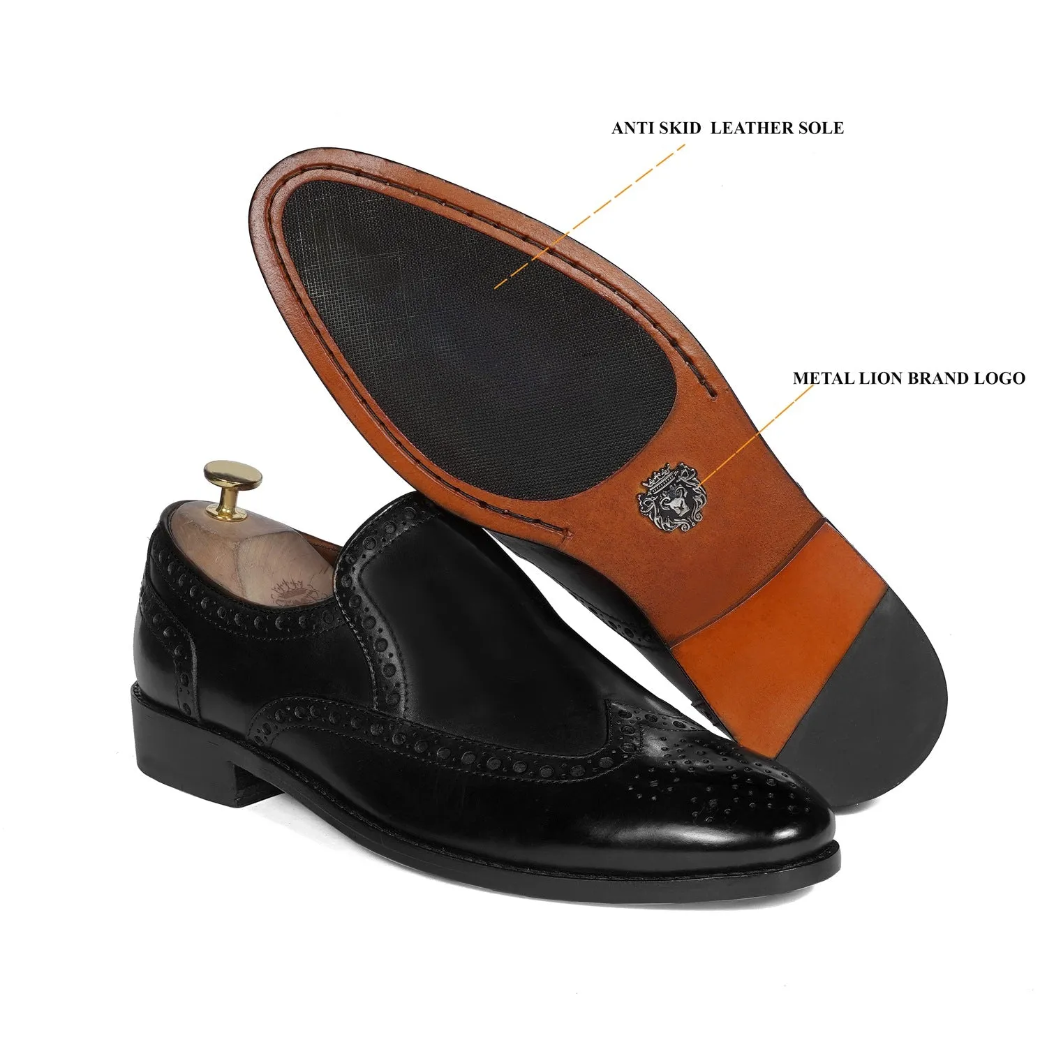 Black Formal Slip-On Shoe with Punching Brogue Design