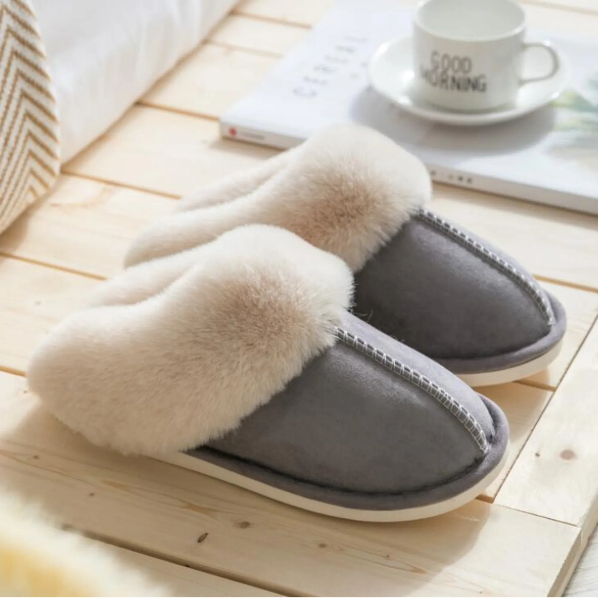 Bras & Honey Ladies Lila Slippers Faux Sheepskin Mule, Grey