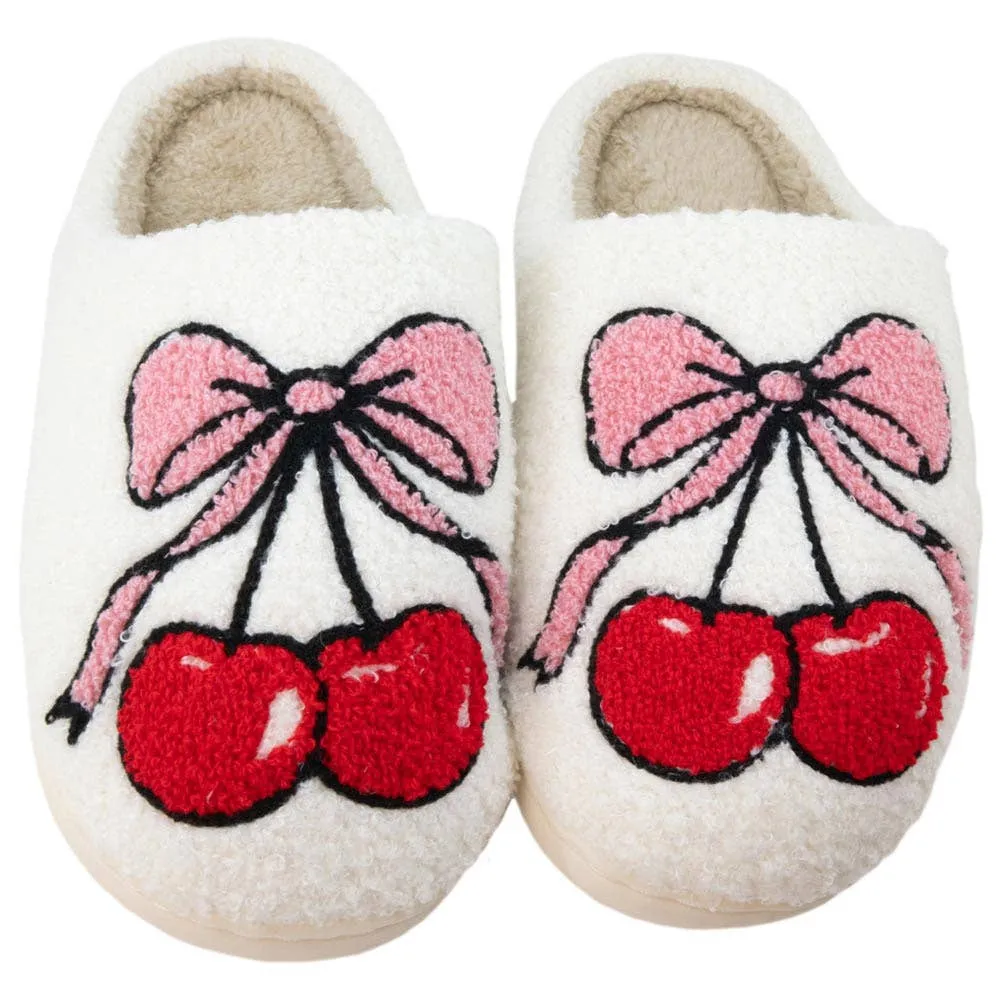 Cherry Bow Fuzzy Slippers For Women