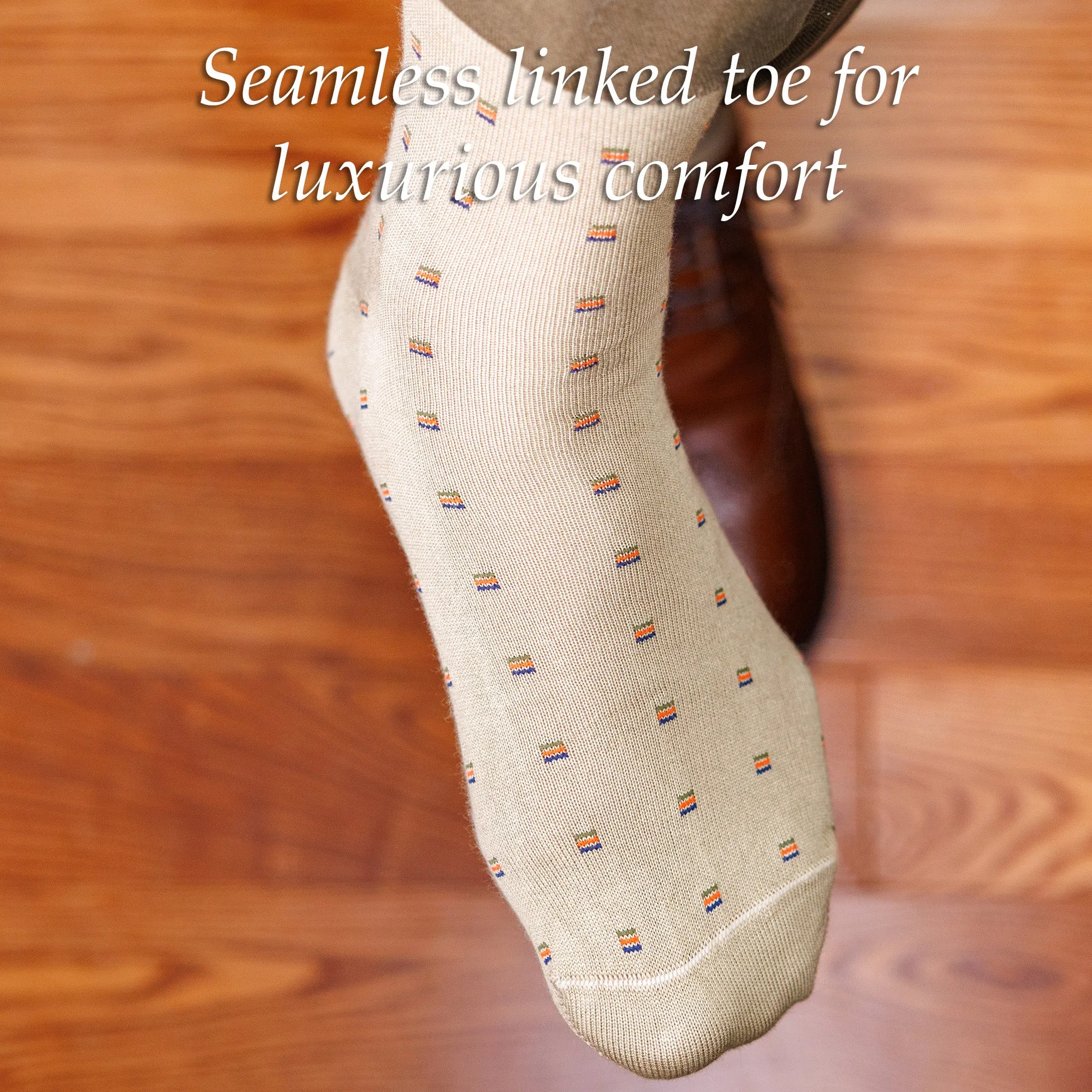 Colorful Square Knots on Khaki Cotton Mid Calf Dress Socks