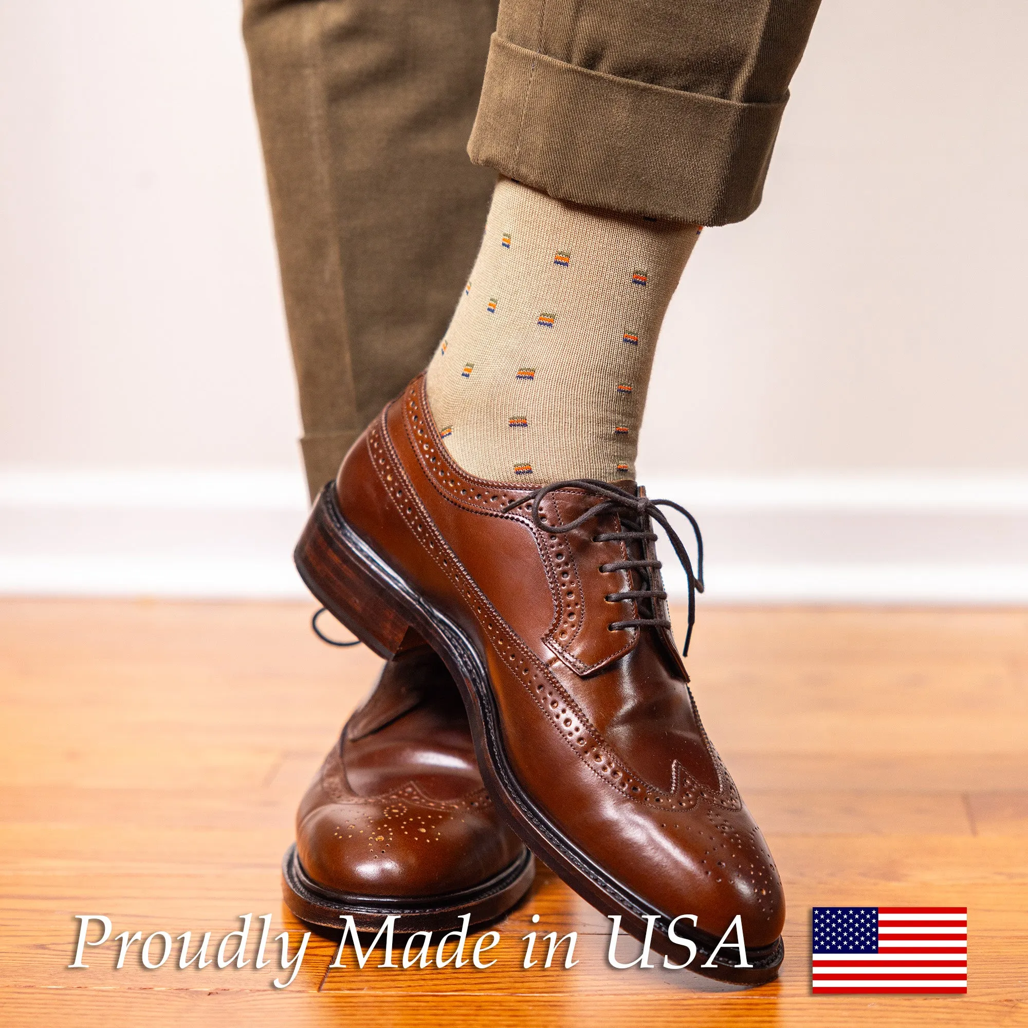 Colorful Square Knots on Khaki Cotton Mid Calf Dress Socks