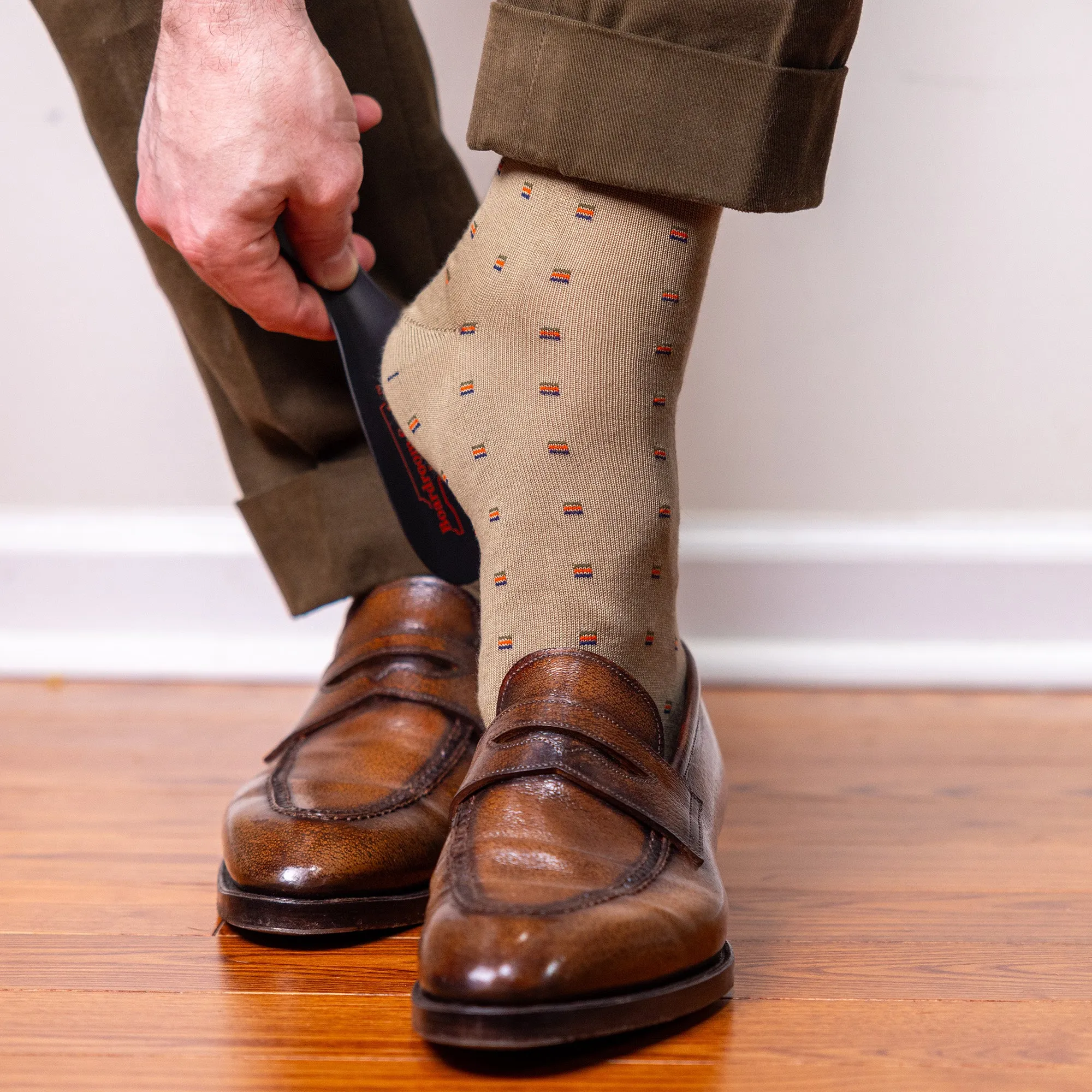 Colorful Square Knots on Khaki Cotton Mid Calf Dress Socks