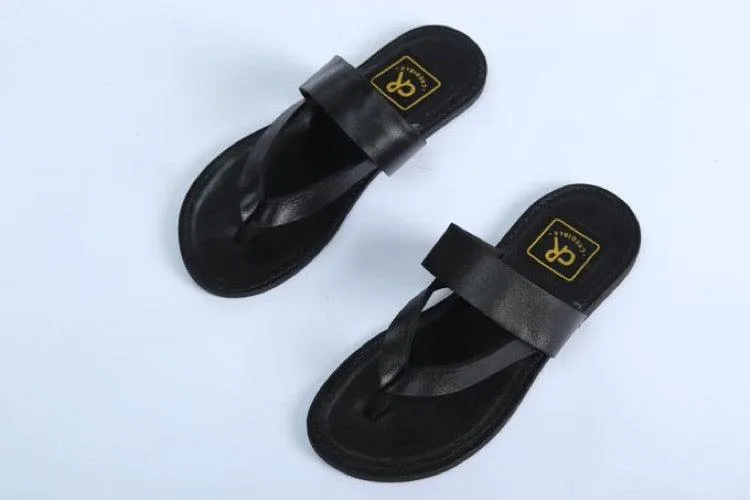 Credible Black Leather Strapped Divided Toe Handmade Slippers