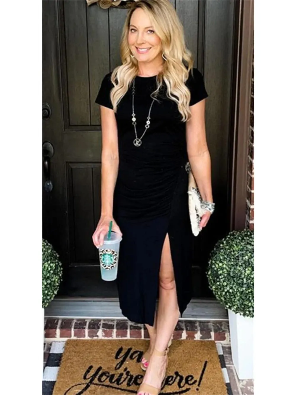 Crew Neck Side Slit Bodycon Maxi Dress