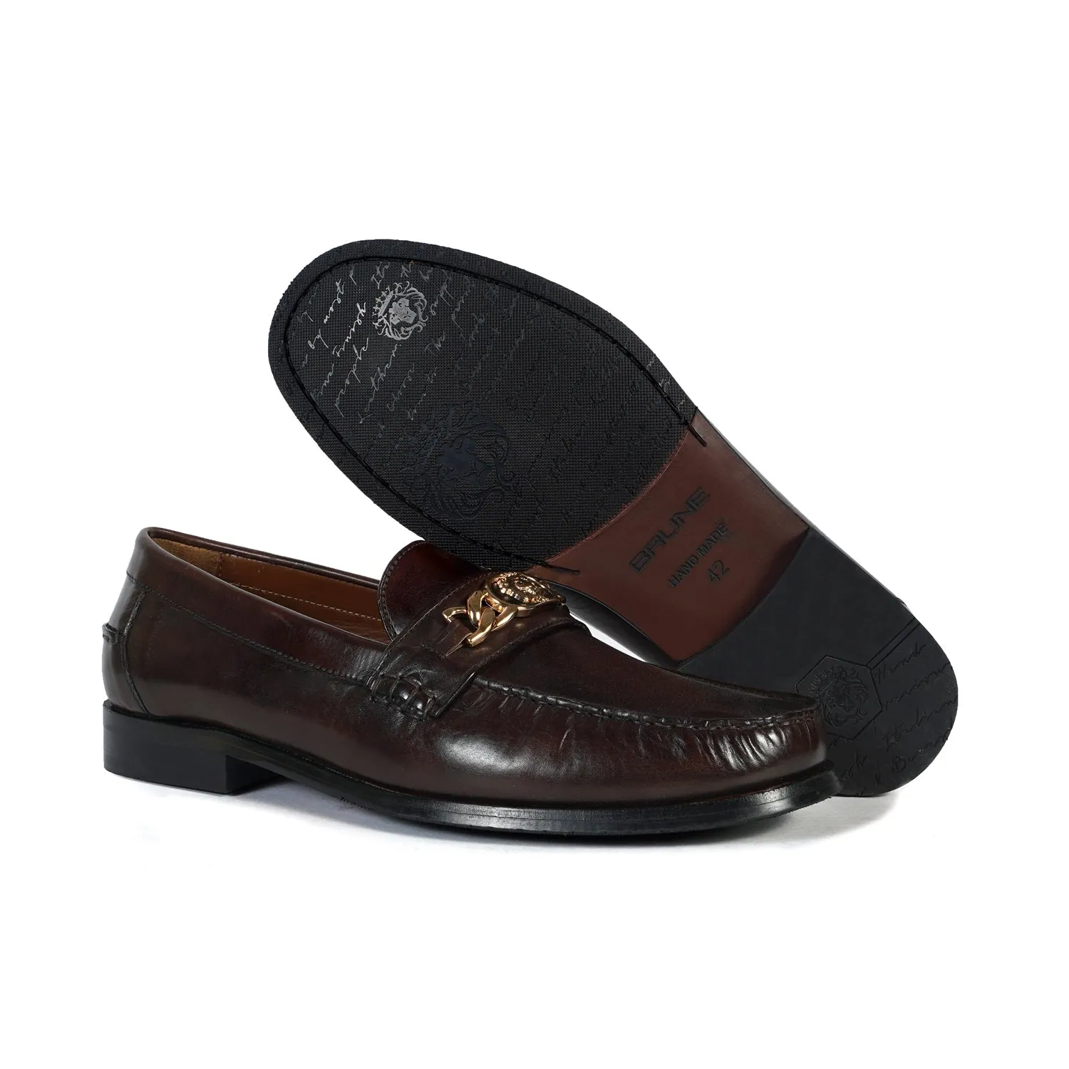 Dark Brown Moccasin Loafer with Chain Embellishment Trademark Lion Logo