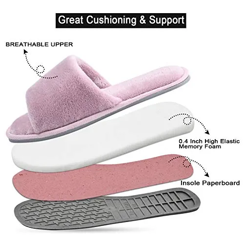 DL Open Toe Slippers for women Indoor, Cozy Memory Foam Womens House Slippers Summer Slip On, Comfy Soft Flannel Womens Bedroom Slippers Slide Breathable Size 7-8 Dark Pink