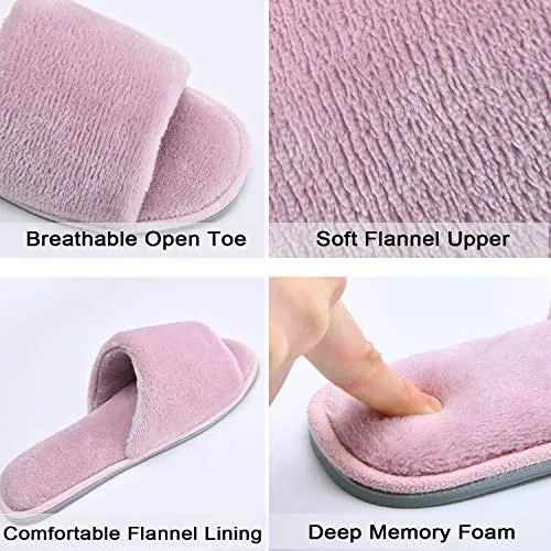 DL Open Toe Slippers for women Indoor, Cozy Memory Foam Womens House Slippers Summer Slip On, Comfy Soft Flannel Womens Bedroom Slippers Slide Breathable Size 7-8 Dark Pink