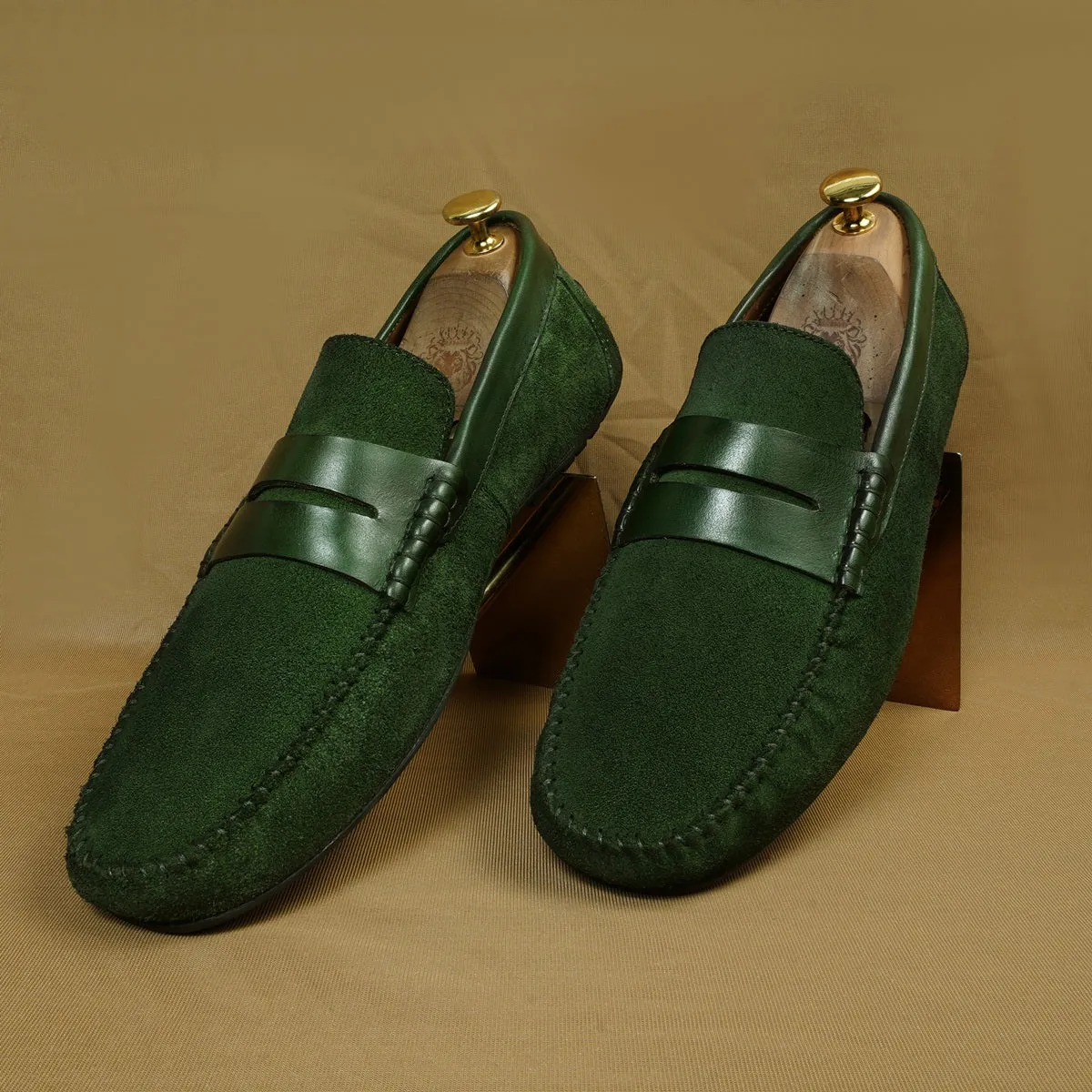 Driving Loafer with Leather Trim in Green Suede Leather