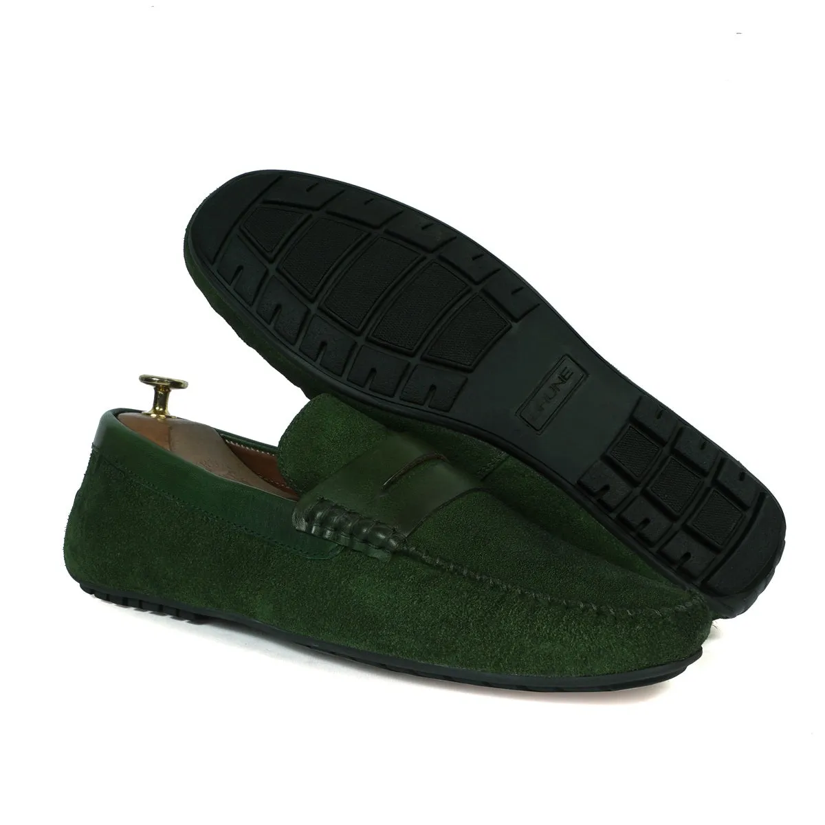 Driving Loafer with Leather Trim in Green Suede Leather