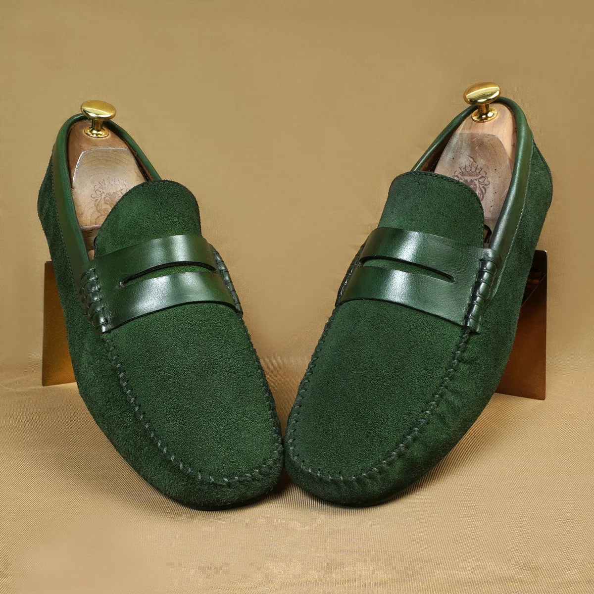 Driving Loafer with Leather Trim in Green Suede Leather