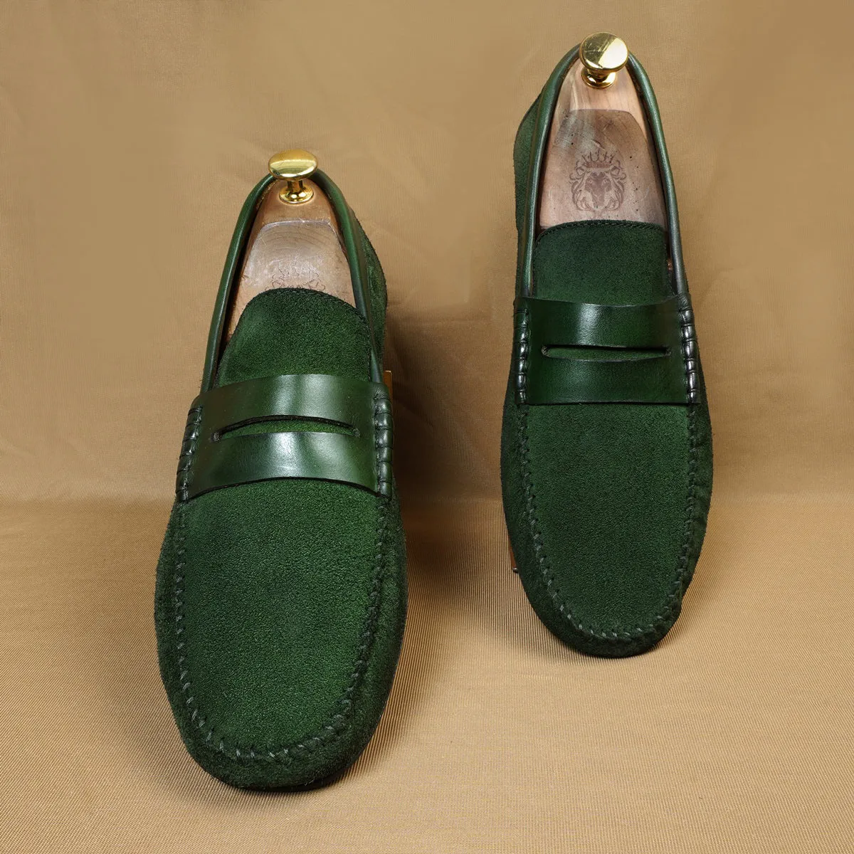 Driving Loafer with Leather Trim in Green Suede Leather