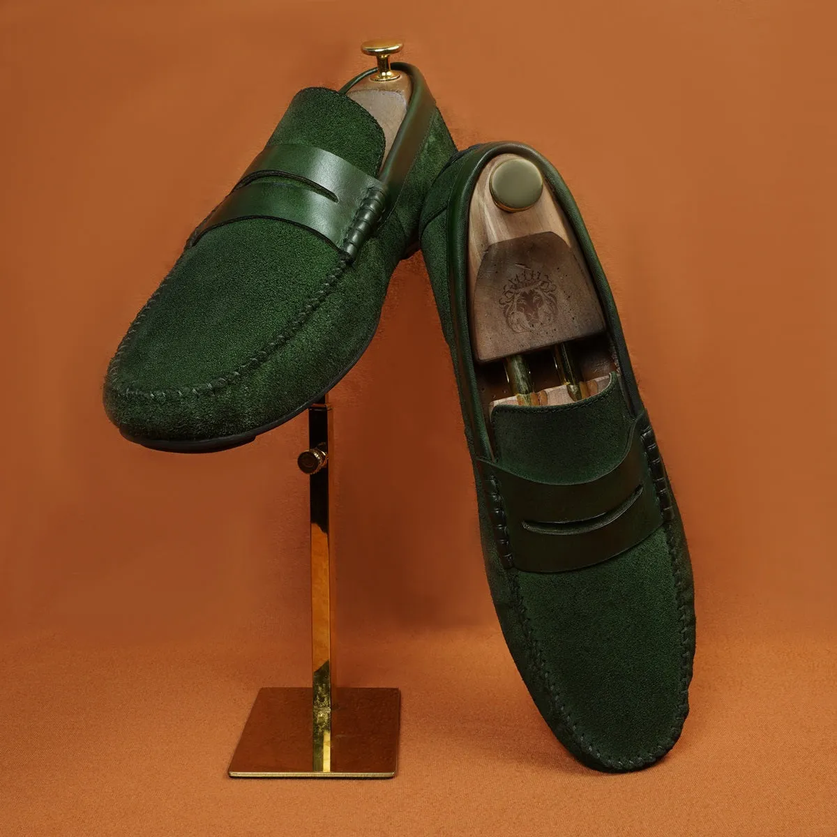 Driving Loafer with Leather Trim in Green Suede Leather