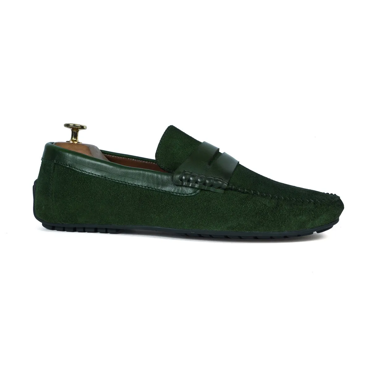 Driving Loafer with Leather Trim in Green Suede Leather