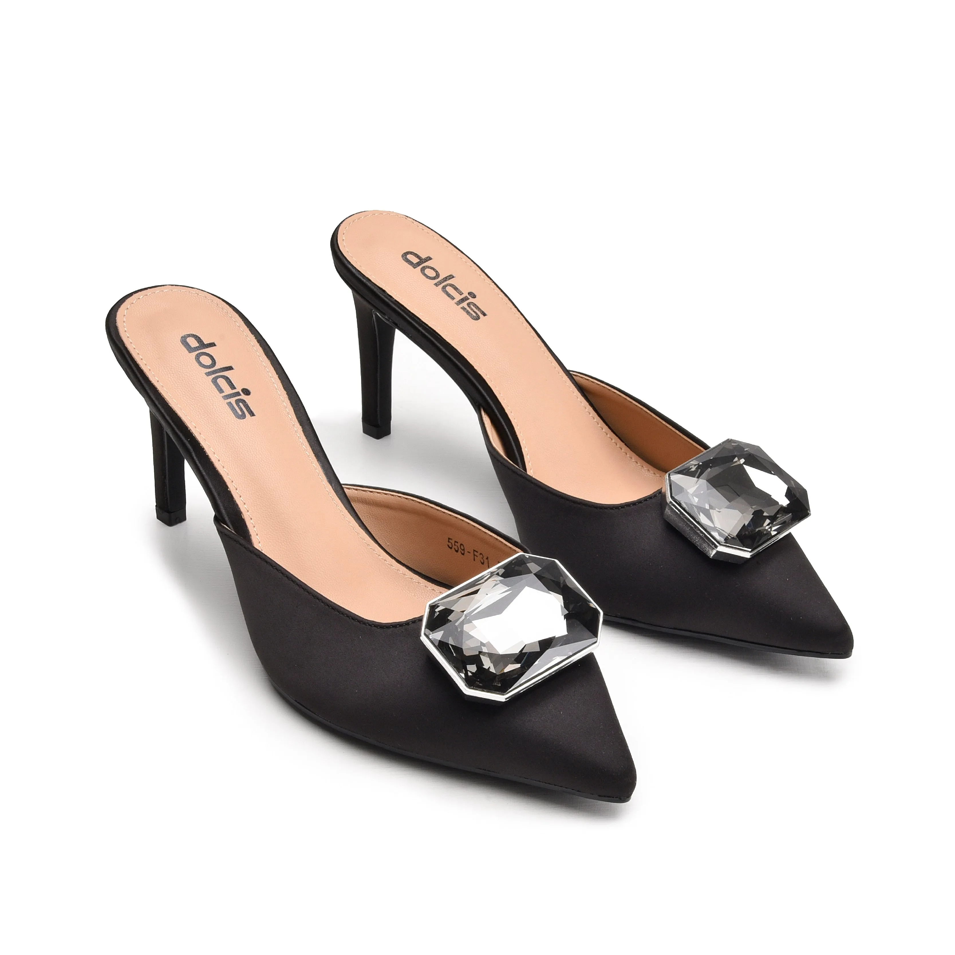 Elegant Black Embellished Kitten Heel Mules | 427N-C