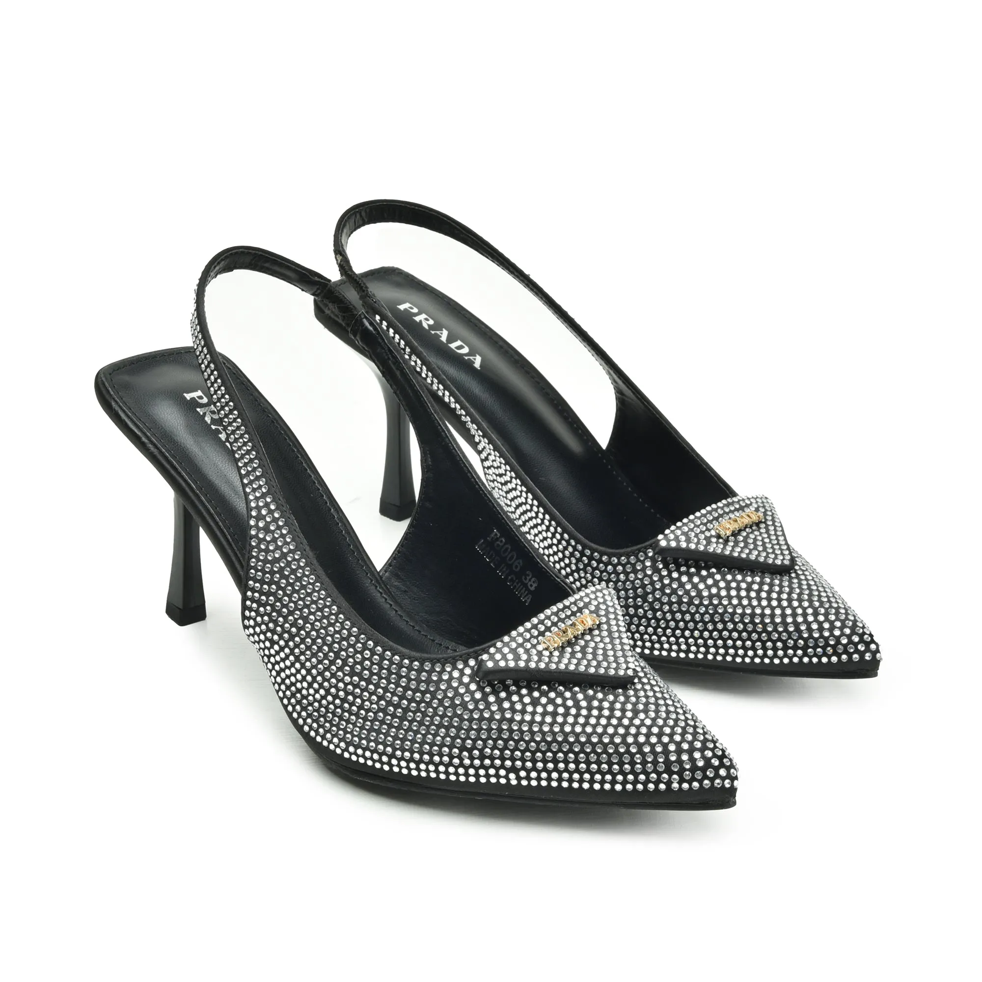 Elegant Black Rhinestone Slingback Heels | 438N-C