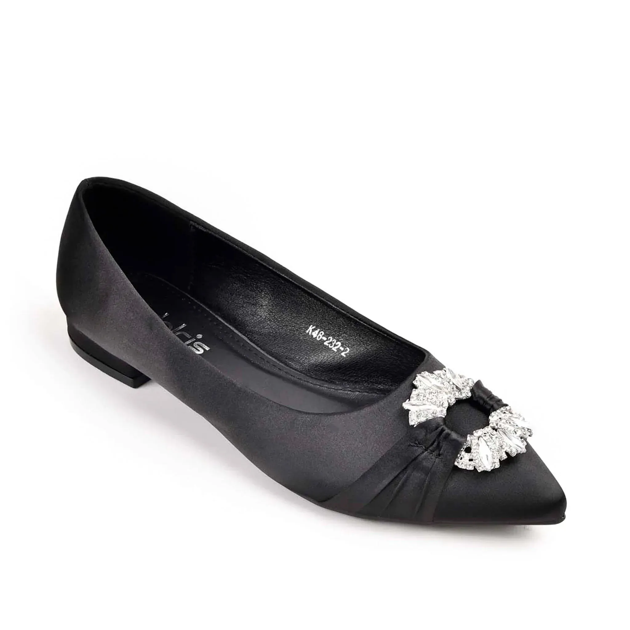 Elegant Black Satin Flats with Crystal Embellishment | 468M-C