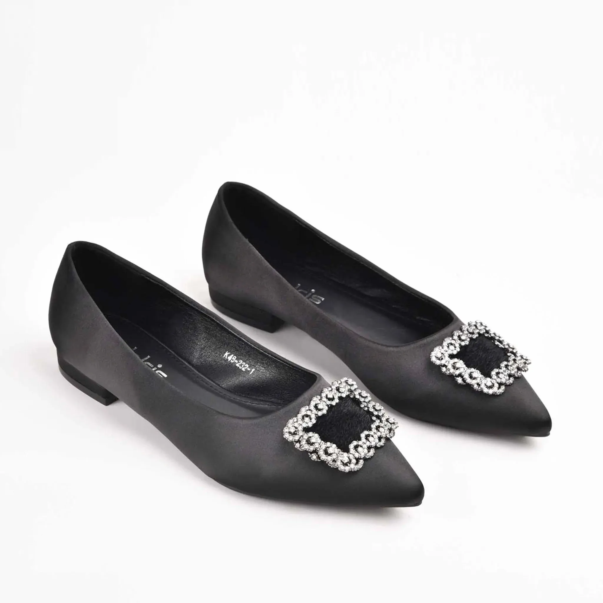 Elegant Black Satin Flats with Crystal Embellishment | 469M-C