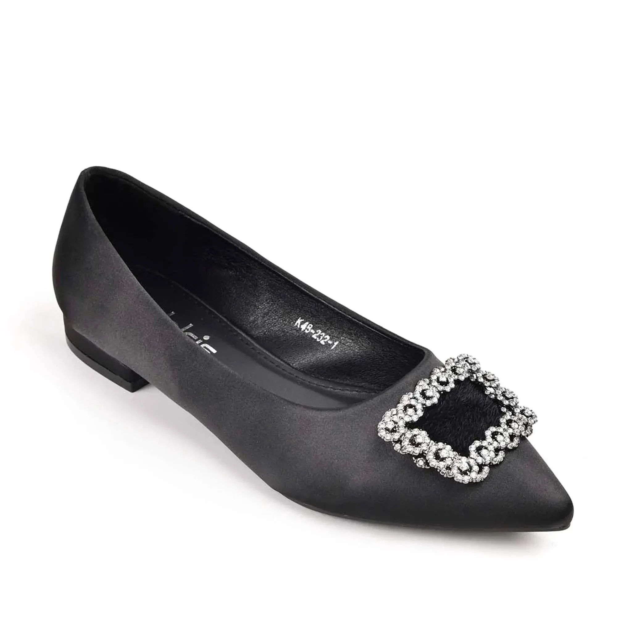 Elegant Black Satin Flats with Crystal Embellishment | 469M-C