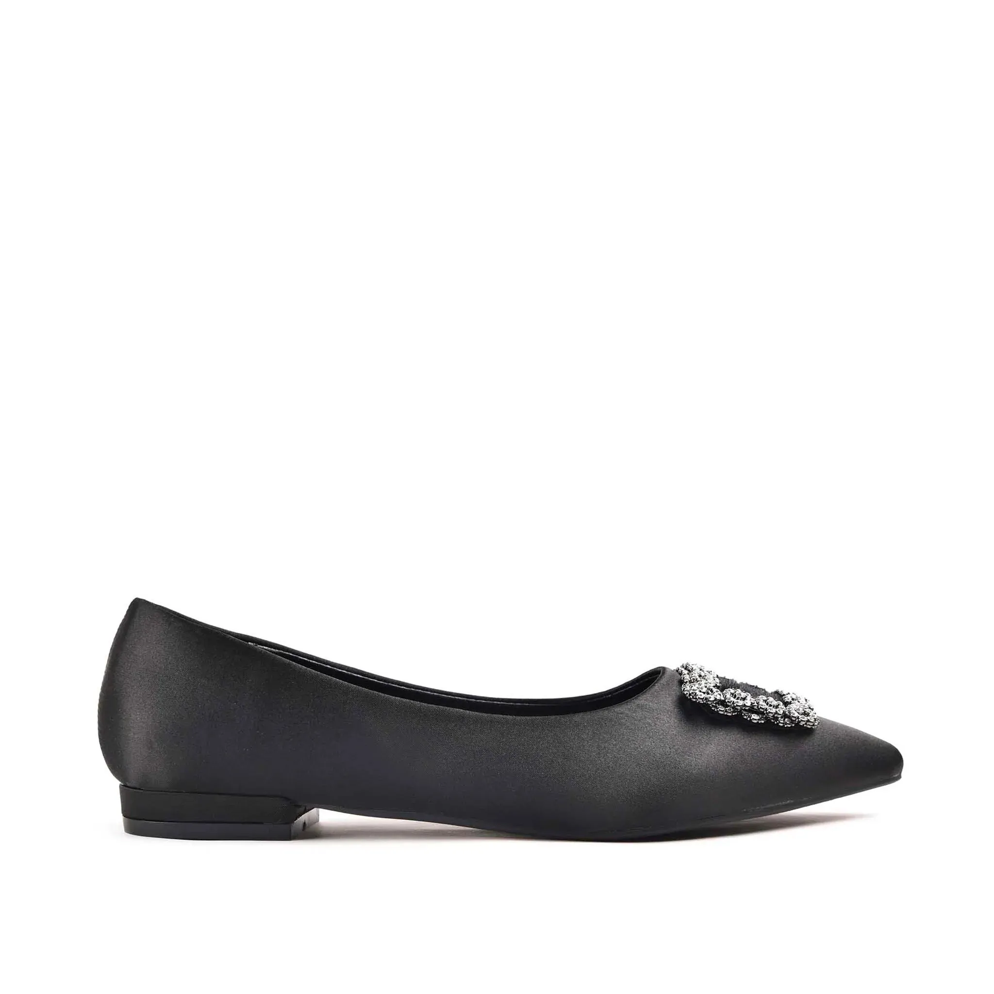 Elegant Black Satin Flats with Crystal Embellishment | 469M-C