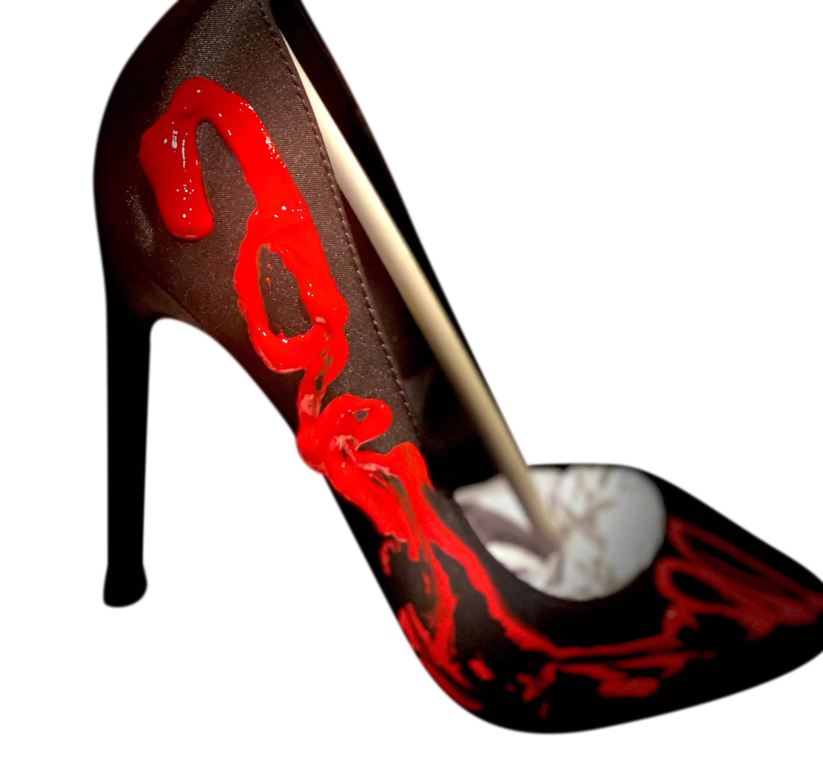 Elegant Black Satin Heels with Vibrant Red Accents