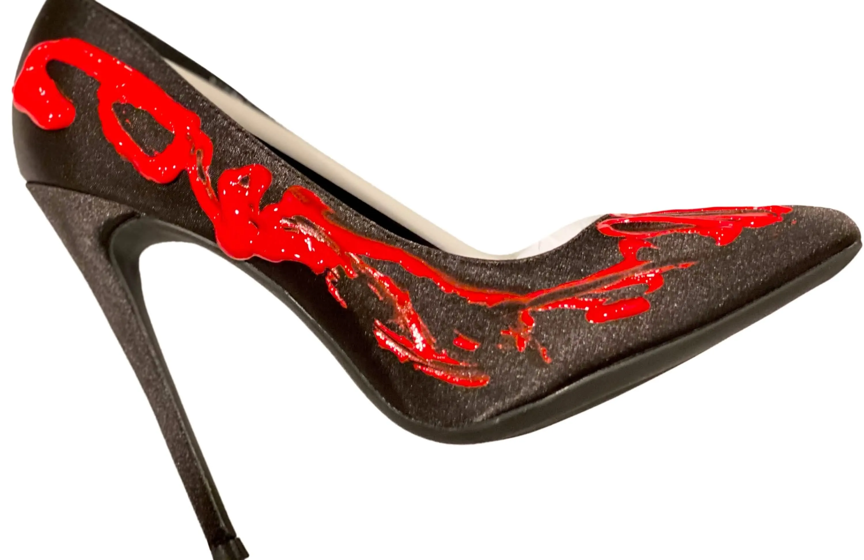 Elegant Black Satin Heels with Vibrant Red Accents