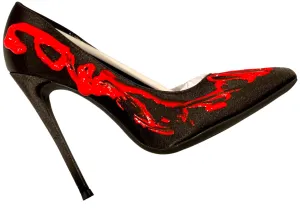 Elegant Black Satin Heels with Vibrant Red Accents