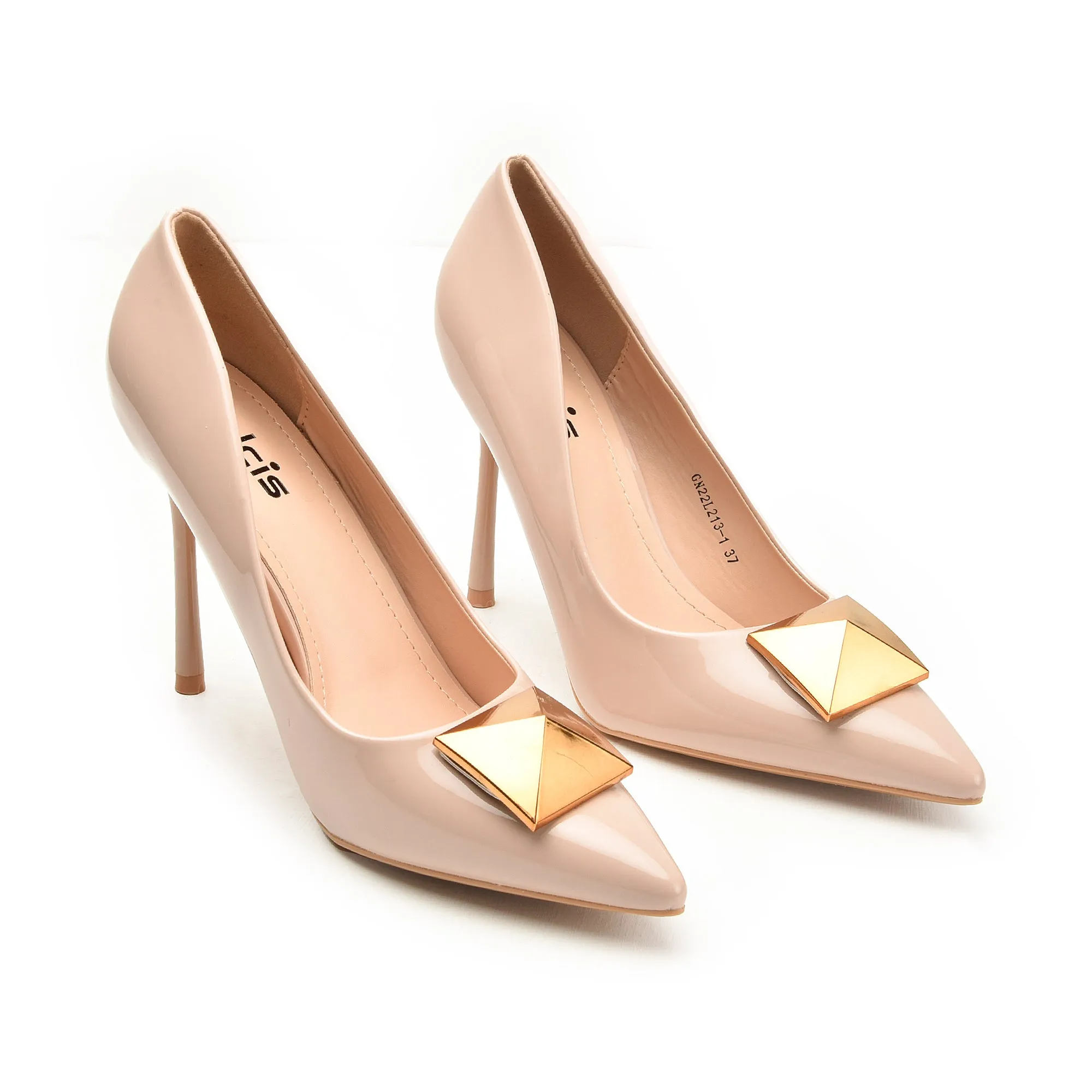 Elegant Nude Stiletto Heels with Gold Pyramid Accent | 439N-F