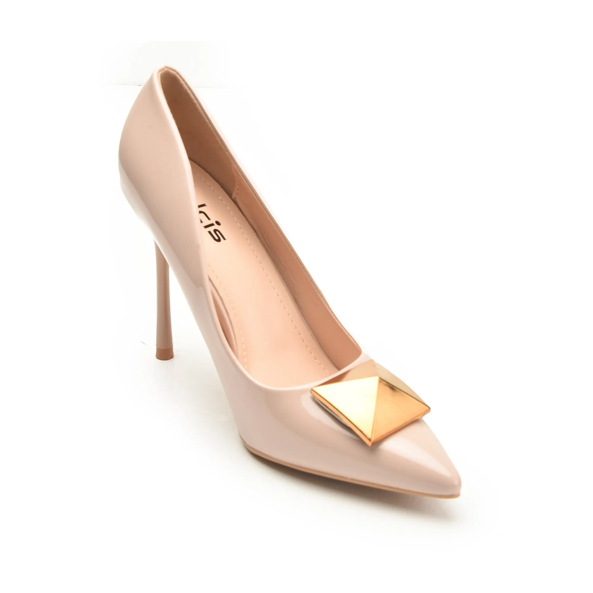 Elegant Nude Stiletto Heels with Gold Pyramid Accent | 439N-F