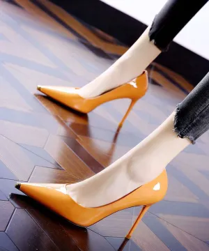 Elegant Pointed Toe Stiletto High Heels Orange Cowhide Leather LC0176