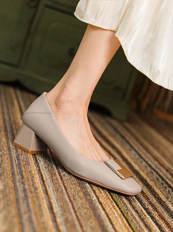 Elegant Square Buckle Chunky Square Mid Heel Shoes