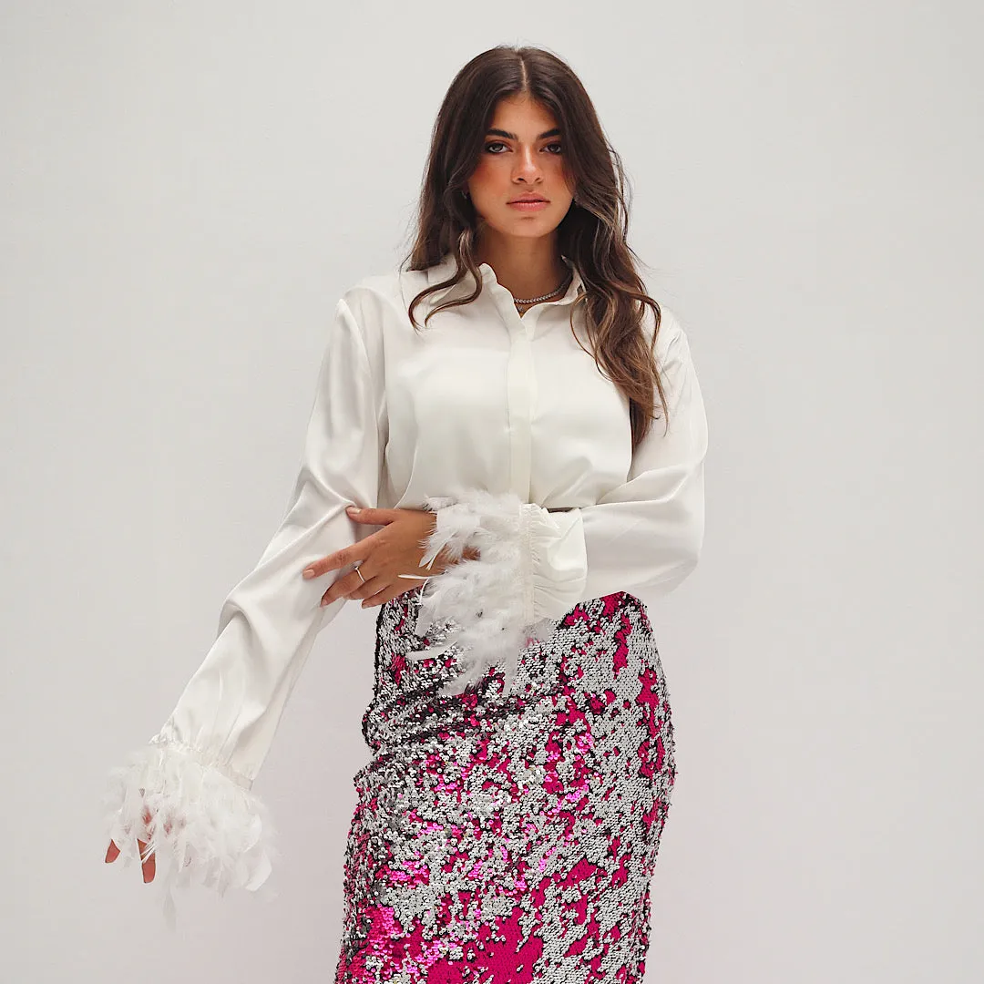 Feather trimmed satin blouse