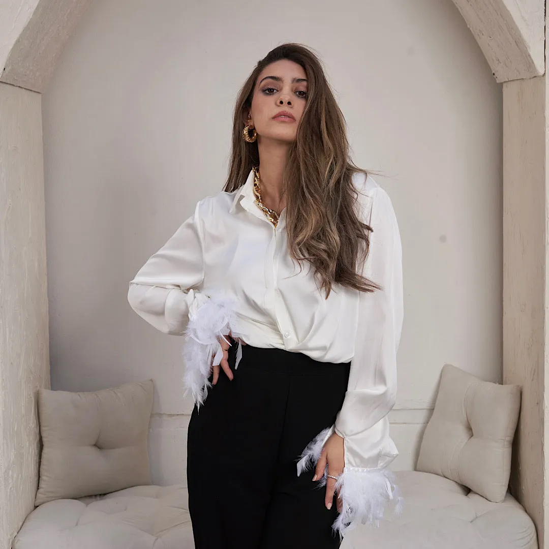 Feather trimmed satin blouse