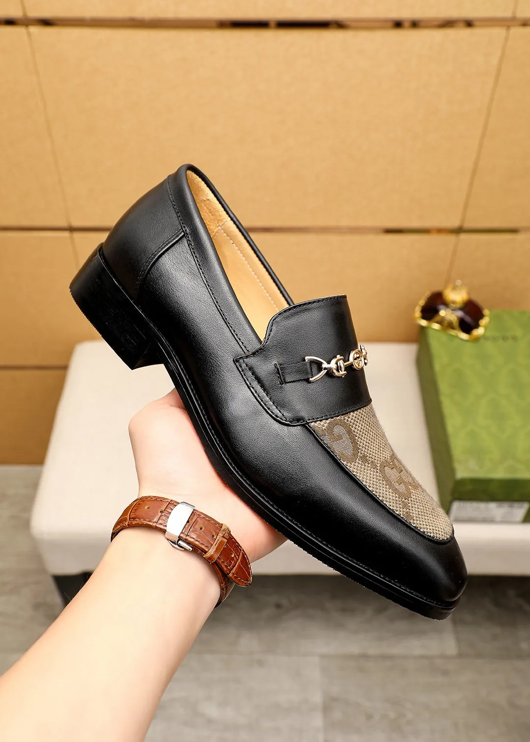 GG BLACK LEATHER AND CANVAS MAXI LOAFERS