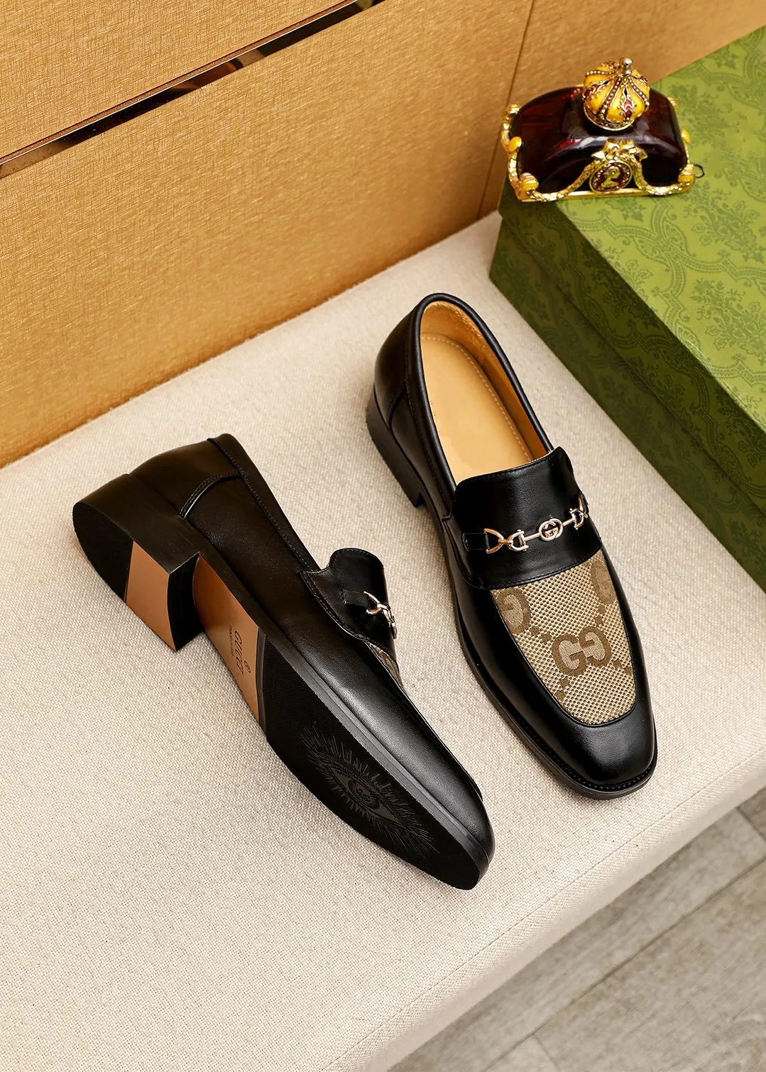 GG BLACK LEATHER AND CANVAS MAXI LOAFERS