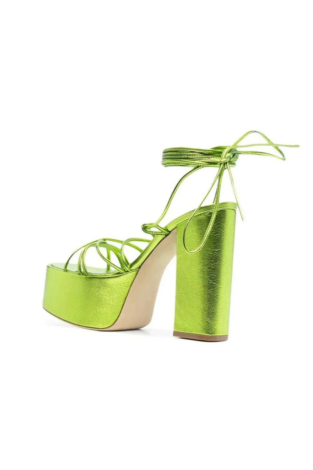 Green Lace Up Leather High Heel Platform Sandals