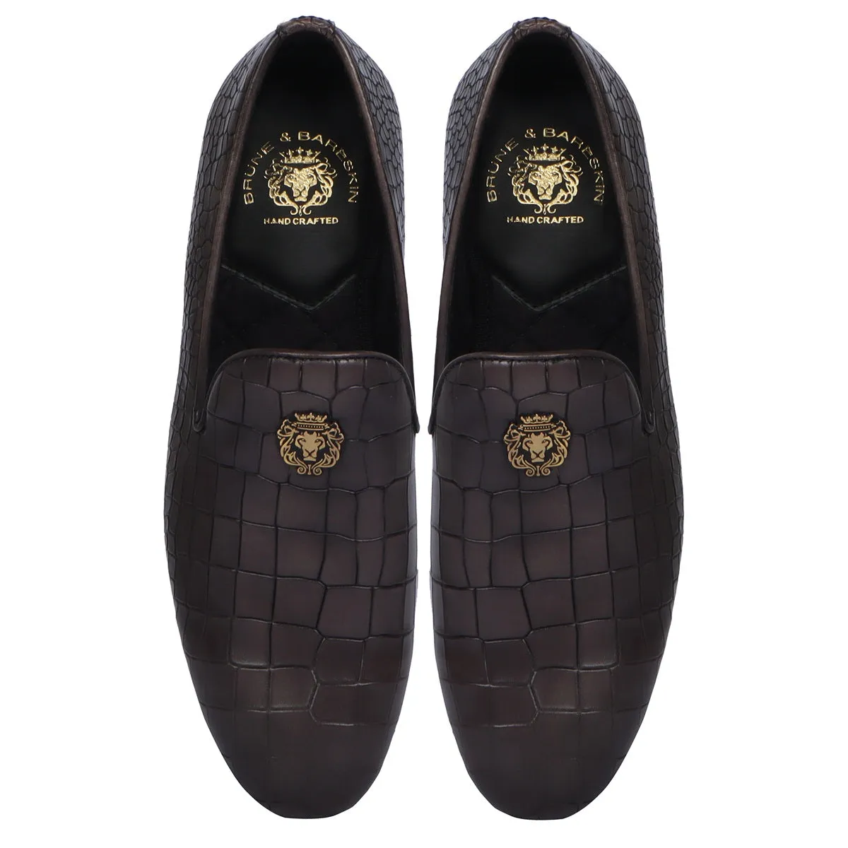 Grey Full Deep Cut Print Leather With Golden Metal Lion Logo Slip-On Shoes