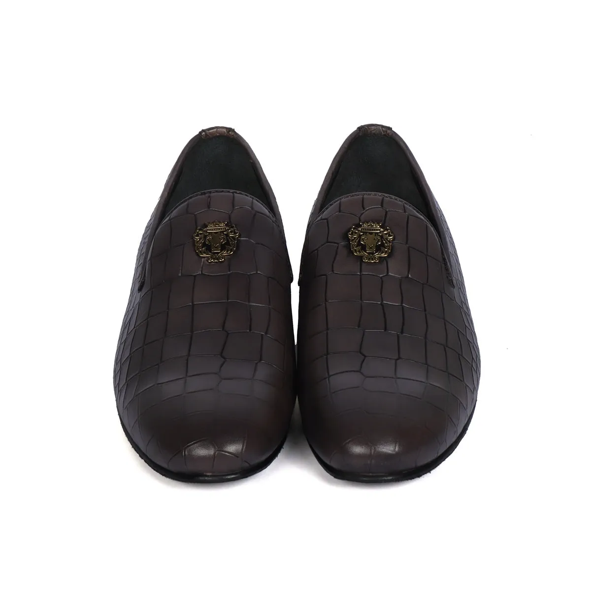 Grey Full Deep Cut Print Leather With Golden Metal Lion Logo Slip-On Shoes