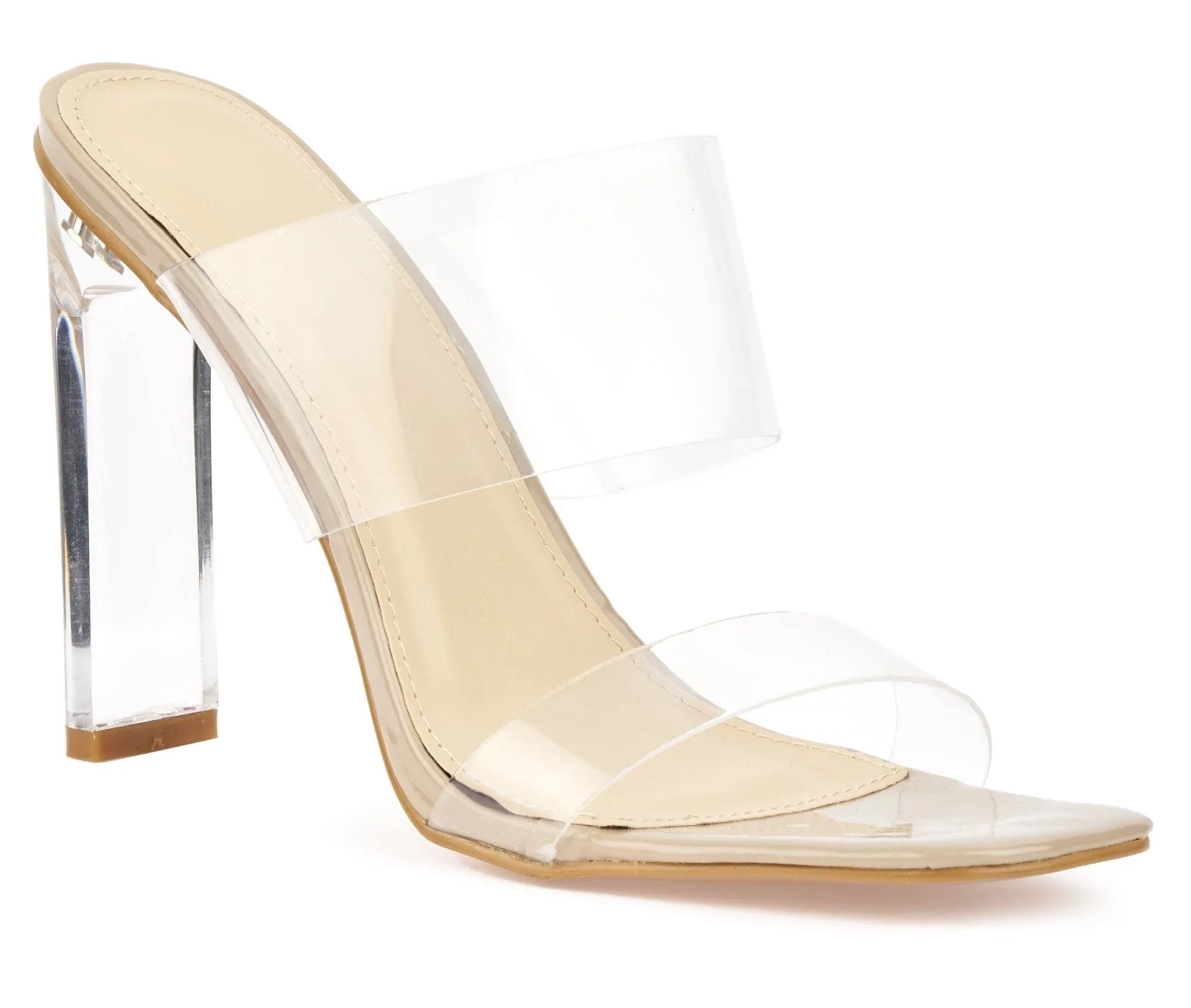 Highlight Perspex Band Flare Heel Mule in Nude