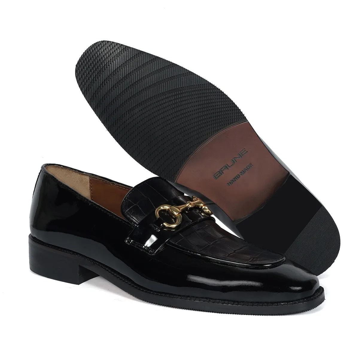 Horse-Bit Buckle Detailing Loafer with Black Patent & Deep Cut Leather