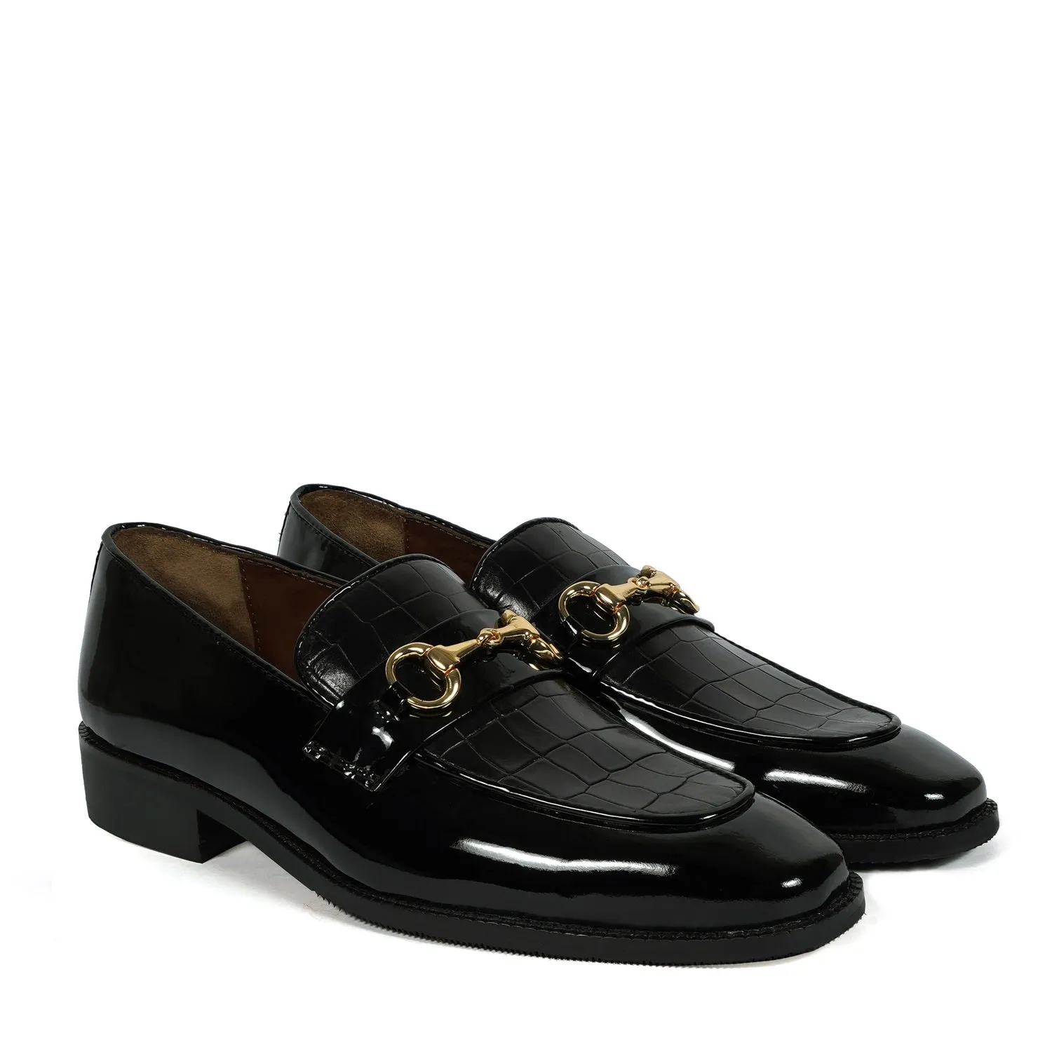 Horse-Bit Buckle Detailing Loafer with Black Patent & Deep Cut Leather