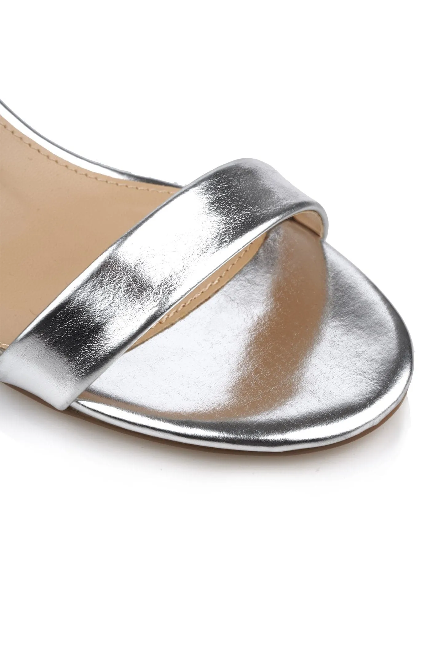 Karley Barely There Ankle Strap Block Heel Sandal In Silver Matt