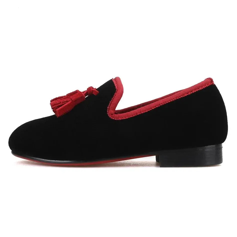 Kids Loafers Black Velvet Children's Loafers with Tassels