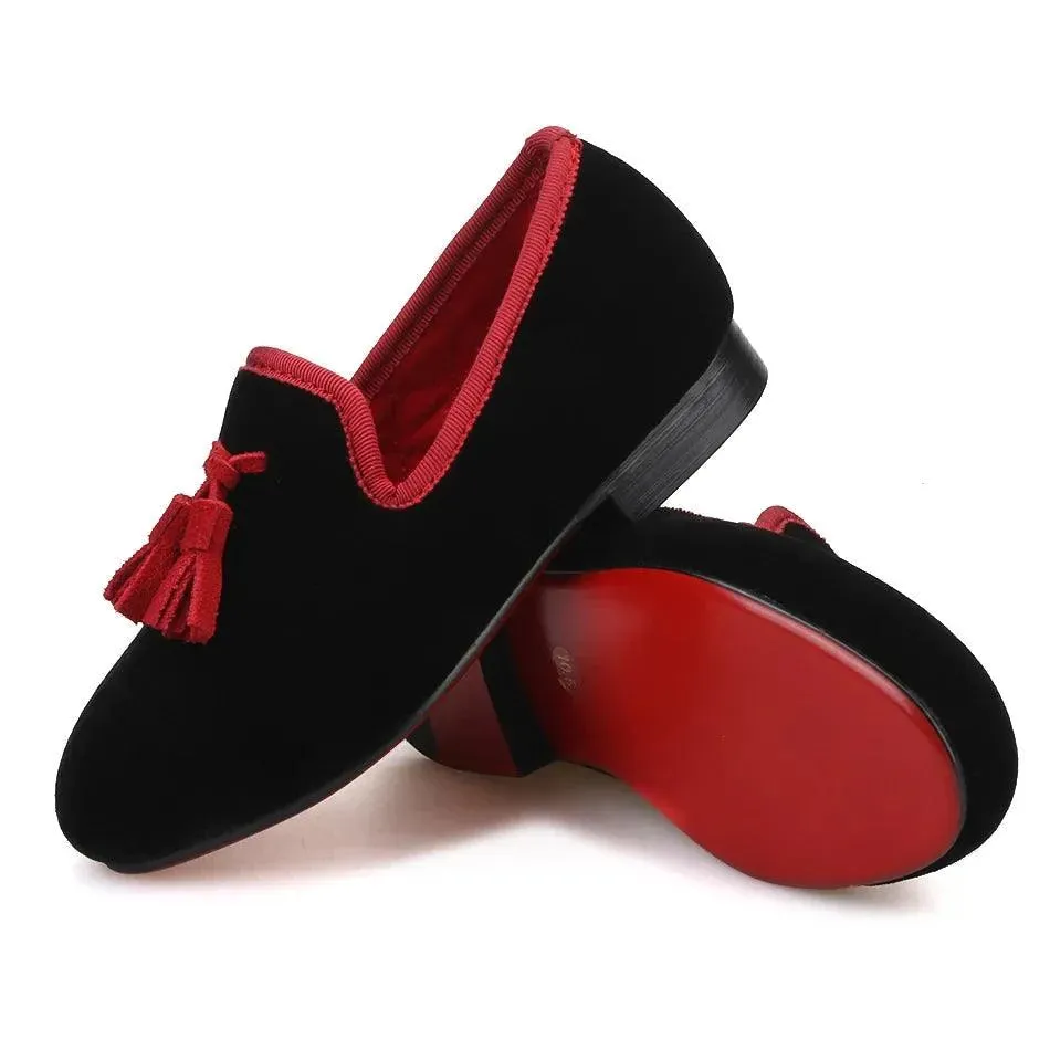 Kids Loafers Black Velvet Children's Loafers with Tassels