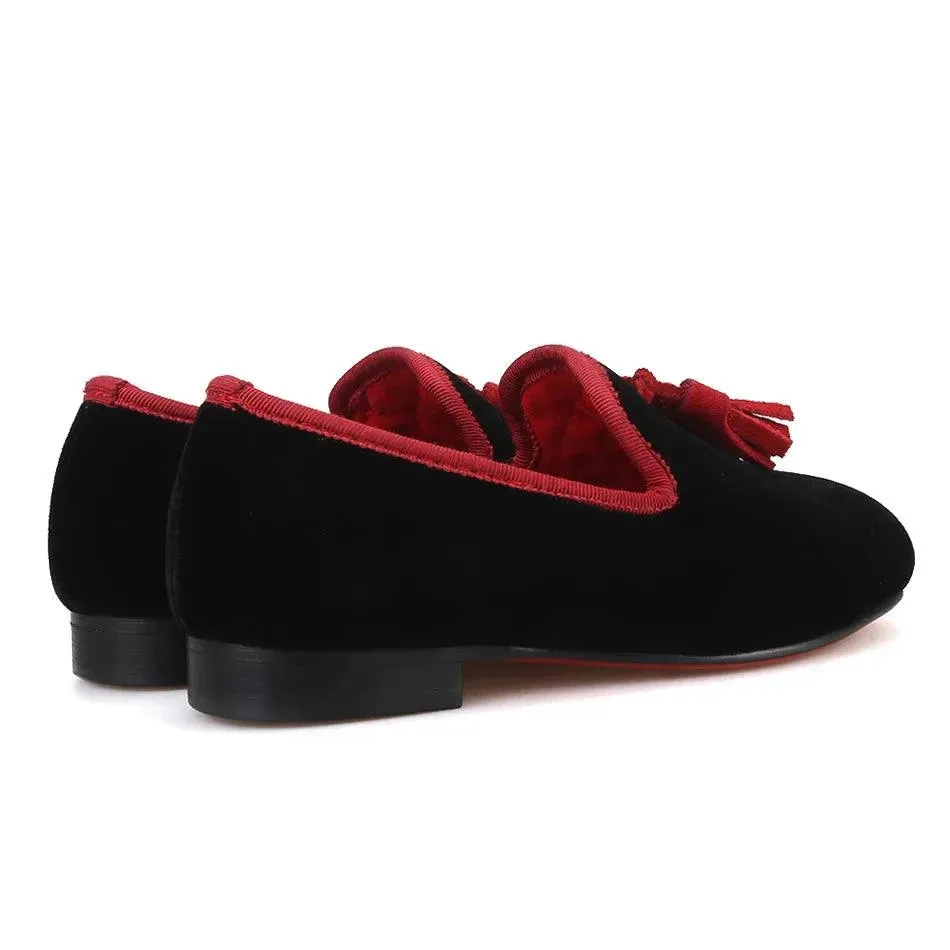 Kids Loafers Black Velvet Children's Loafers with Tassels