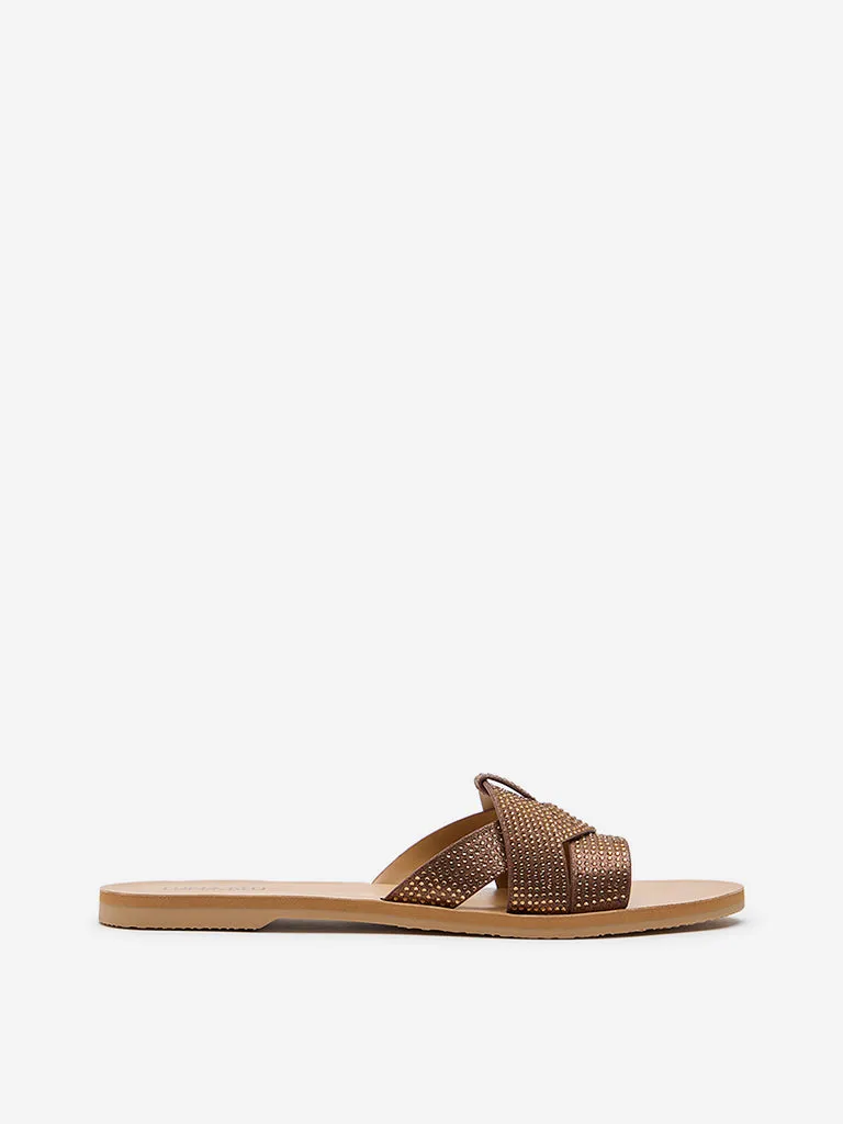 LUNA BLU Brown Embellished Slip-On Sandals