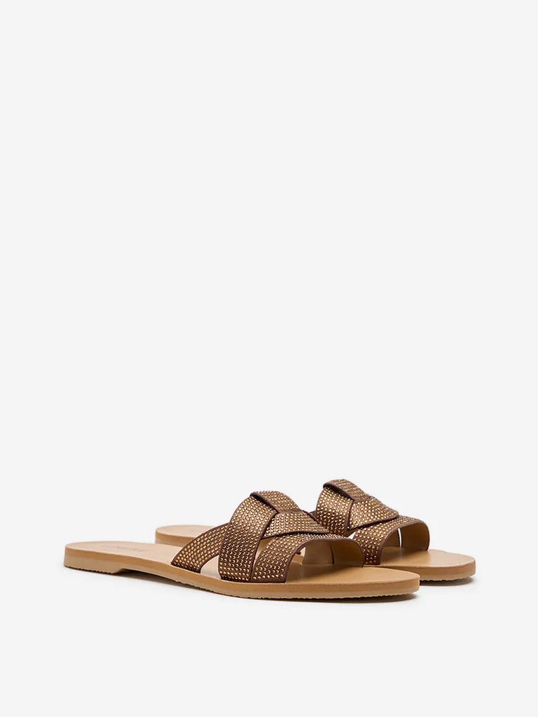 LUNA BLU Brown Embellished Slip-On Sandals