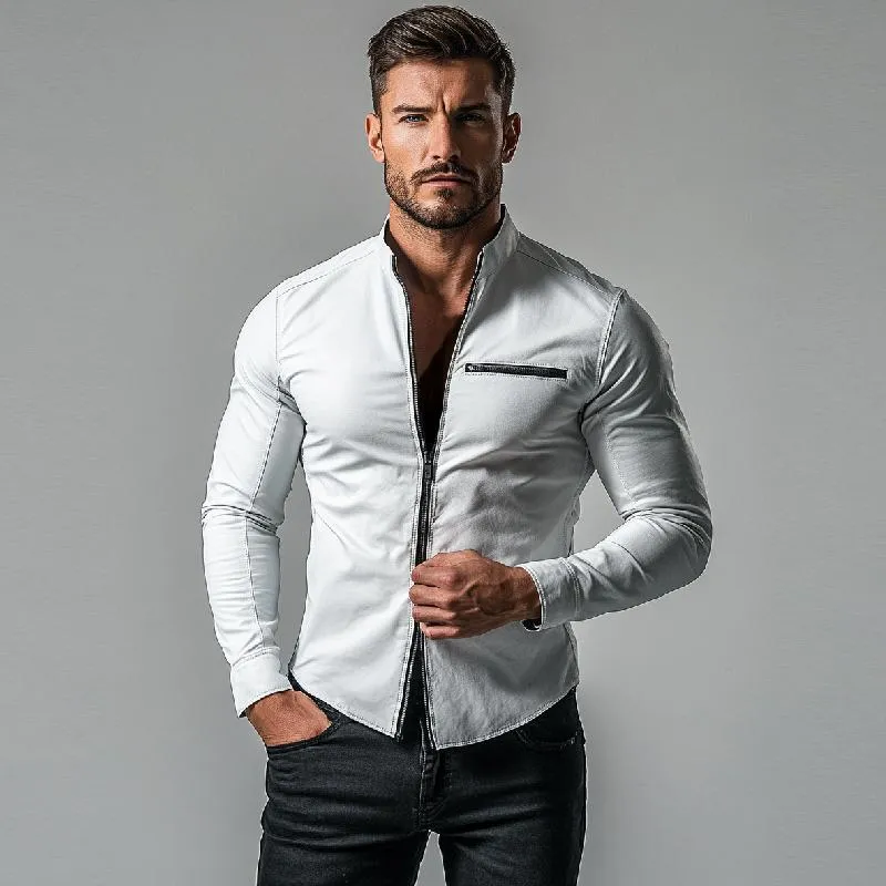 Mens Fashion Zipper Stand Collar Slim Fit Long Sleeve Leather Shirt 74416703Y