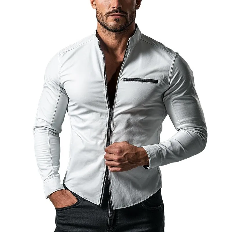 Mens Fashion Zipper Stand Collar Slim Fit Long Sleeve Leather Shirt 74416703Y