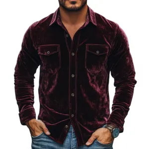 Men's Vintage Velvet Lapel Chest Pocket Slim Fit Long Sleeve Shirt 89154842M